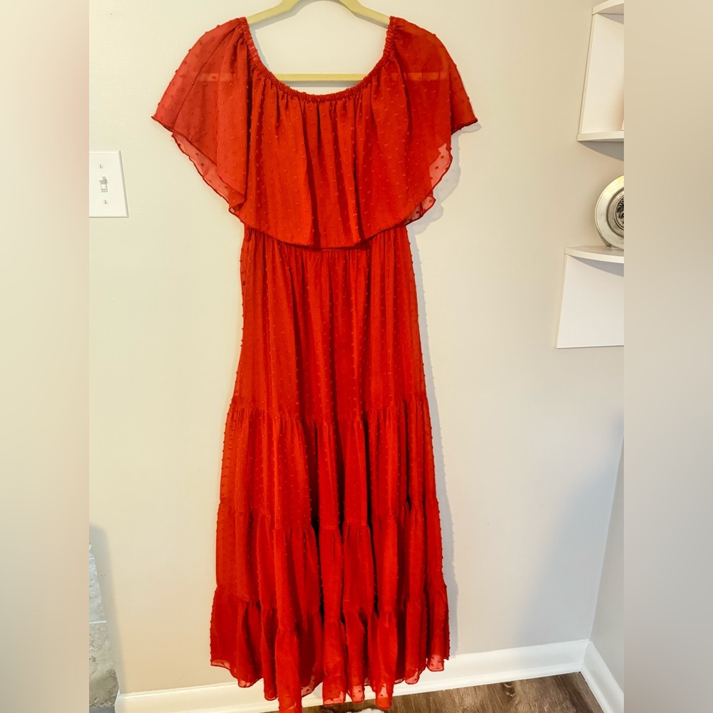 Off Shoulder Maxi Swiss Dot Short Sleeve Ruffle Tiered Flowy Long Dress